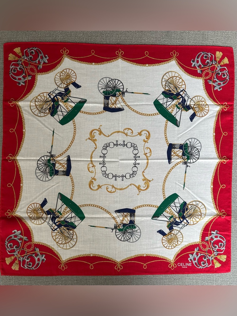 Celine Red, Green & Gold Equestrian Carriage Silk Scarf